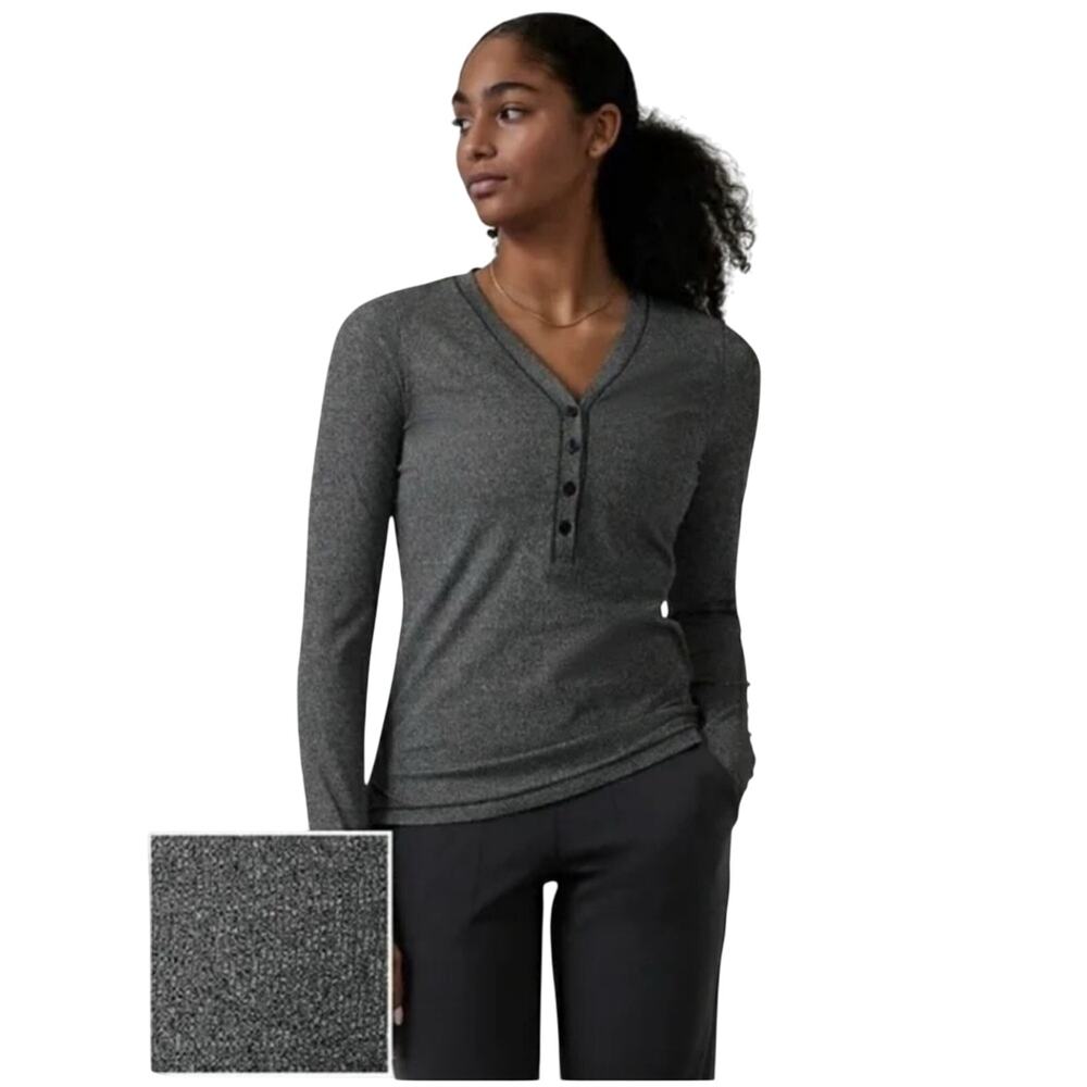 Athleta Women's Uptempo Ribbed Long Sleeve V-Neck Henley Shirt Gray Size Small